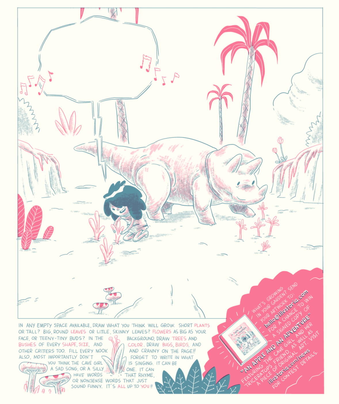 Contest page in Issue 4: The Grow Issue. Enter to win An Apple and an Adventure and a piece of original art. 