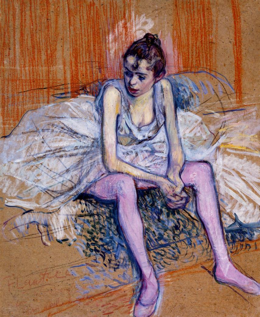 Seated Dancer in the Pink Tights , Henri de Toulouse-Lautrec, 1890. 