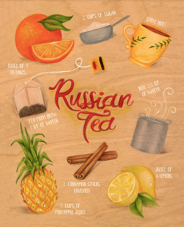 “The recipe I chose to illustrate is a very important one. During the holidays my family and I always make this yummy tea together as a way to bond. We take turns juicing the fruit while mom gets the other ingredients ready. Its always a wonderful time and the house is always left smelling delicious!” —Lana Laughlin @lanalaughlinillustration