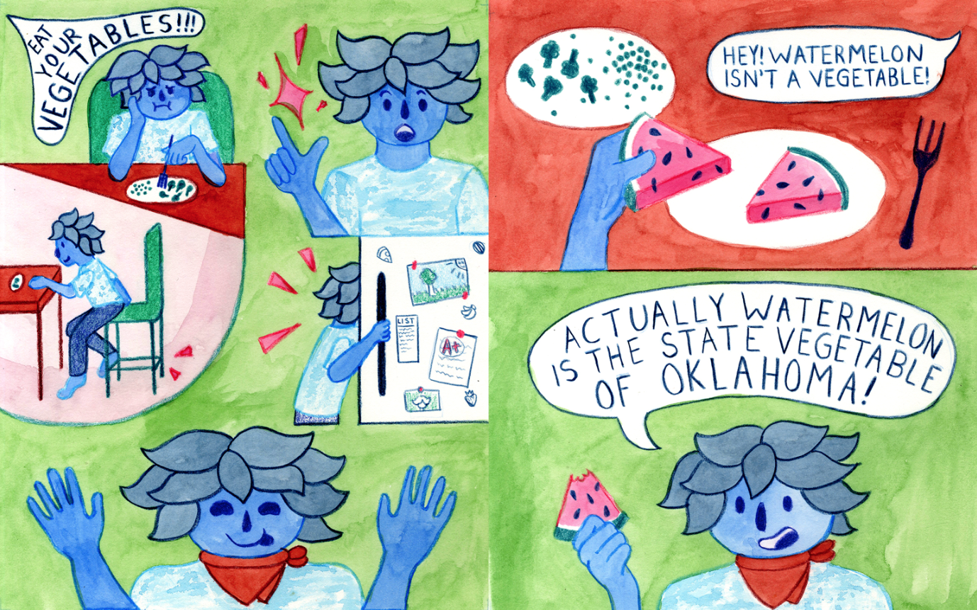 “Because I'm originally from Oklahoma, I chose to bring up one of the wackiest facts I know about the state! Most people don't believe me when I tell them about my state vegetable, so I created a colorful comic about it!” — Parker @Hardcoreparker