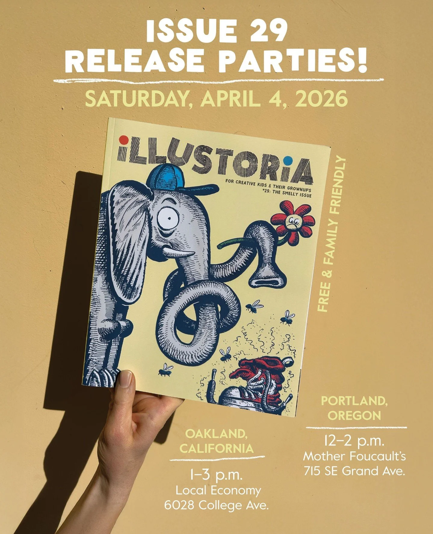 This Saturday, April 4th, we're celebrating the launch of Issue 29: SMELLY in not just one, but TWO cities! Both events are free &amp; family-friendly. 🌻⁠
⁠
Unplug with an array of sensory activities: drink aromatic tea, taste stinky cheese, make sc