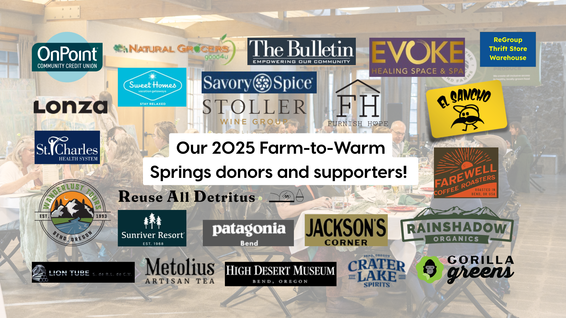 Collage of logos from businesses supporting Farm-to-Warm Springs 2025 event, including OnPoint, Natural Grocers, The Bulletin, Evoke, Lonza, El Sancho, and others.