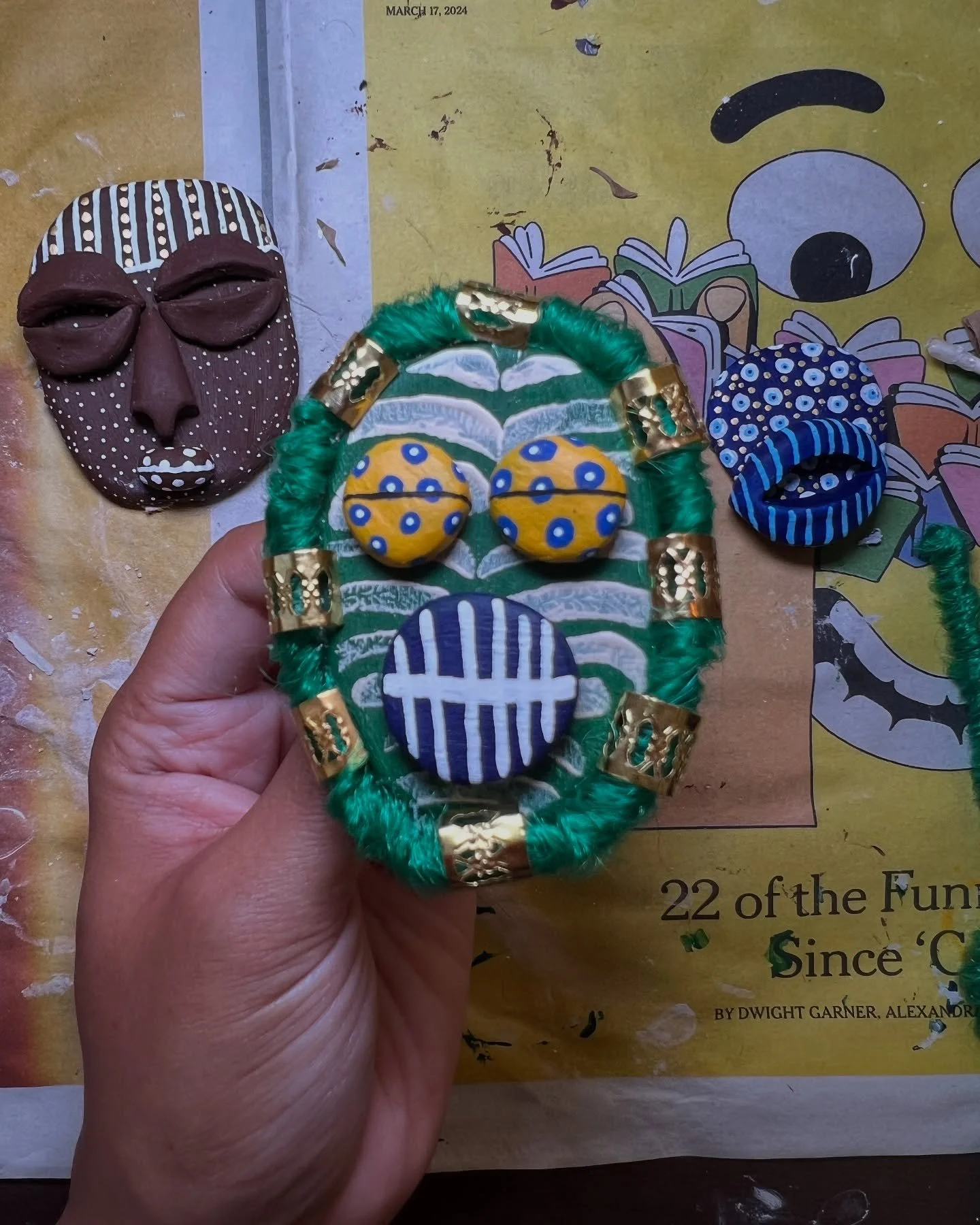 New African-inspired mask pins! 🎭✨
#WorksInProgress 

Despite the nerve damage in my hands from my accident that makes them shake, I genuinely love creating these pieces.

Returning to wearable art has been deeply meaningful for me&mdash;because I b