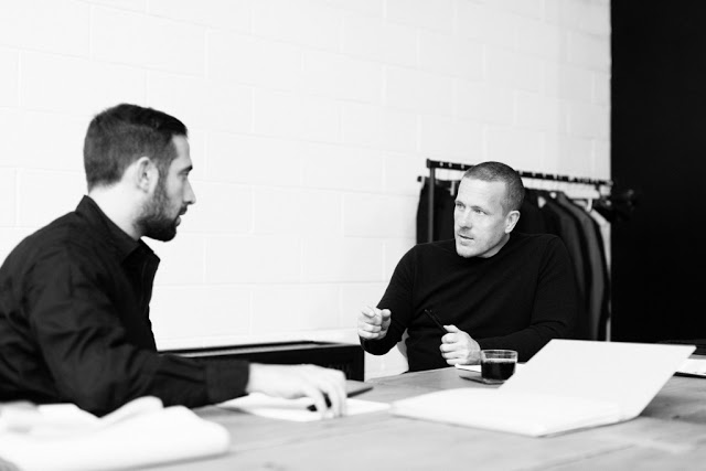 Guido Biondi (left), Creative Director of Roy Roger's, and Scott Schuman during design meetings.
