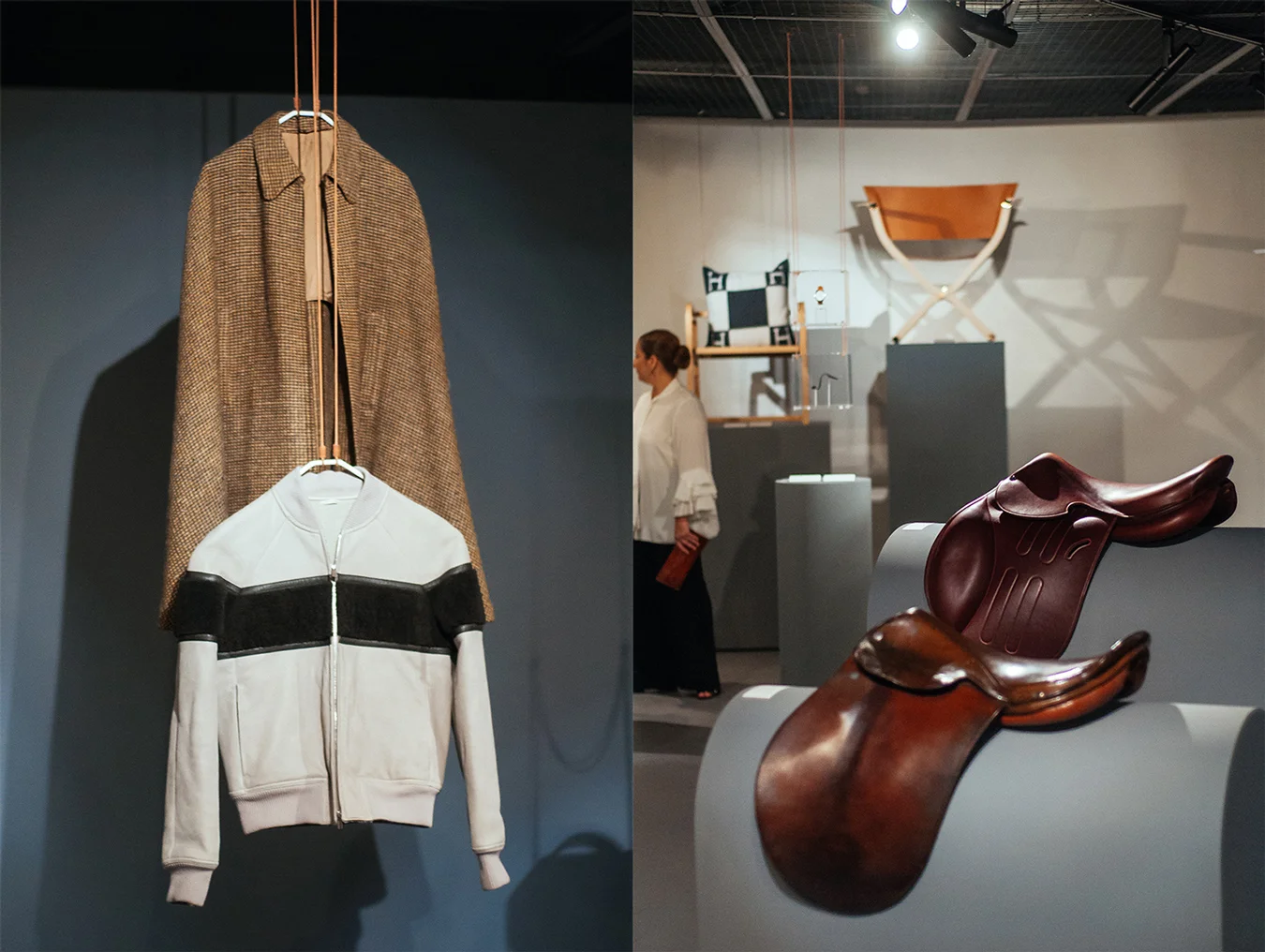 Left from above: wool cape owned by Émile Hermès; 1940. Below: Men's jacket in Étreviere calfskin finishing. Right from above: 'Hermès Cavale' bovine skin saddle. Below: 1910 Moroccan bovine skin saddle. 