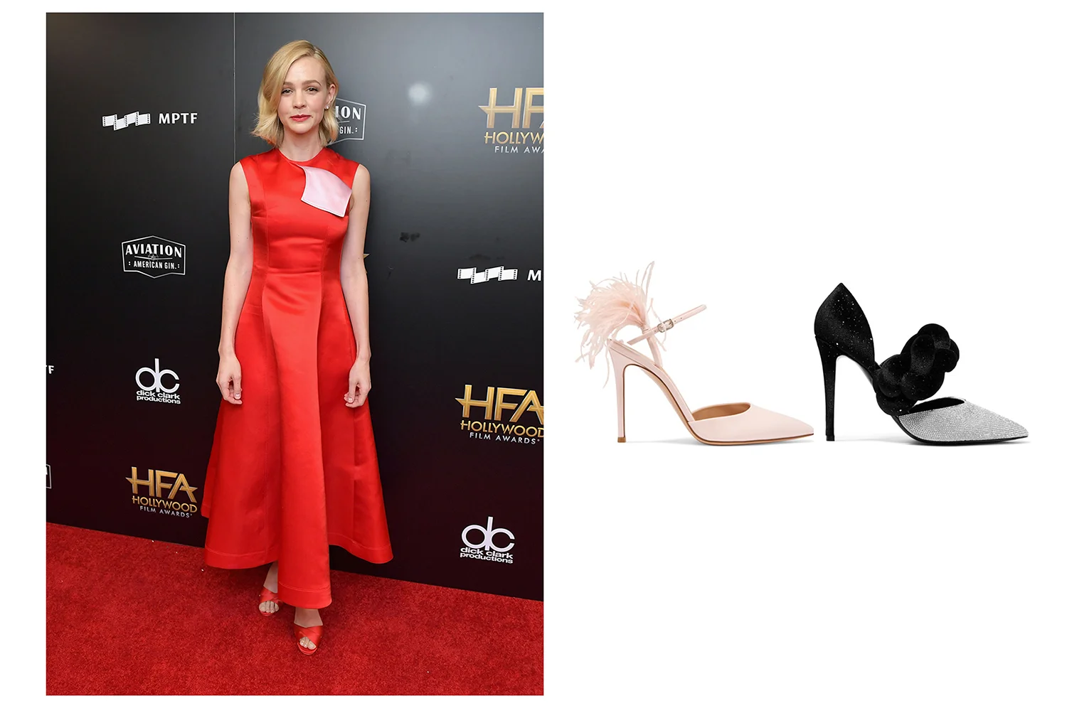 Right: 100 feather-trimmed patent-leather Gianvito Rossi pumps. Left: Braided glittered velvet and crystal-embellished leather Gianvito Rossi pumps. 