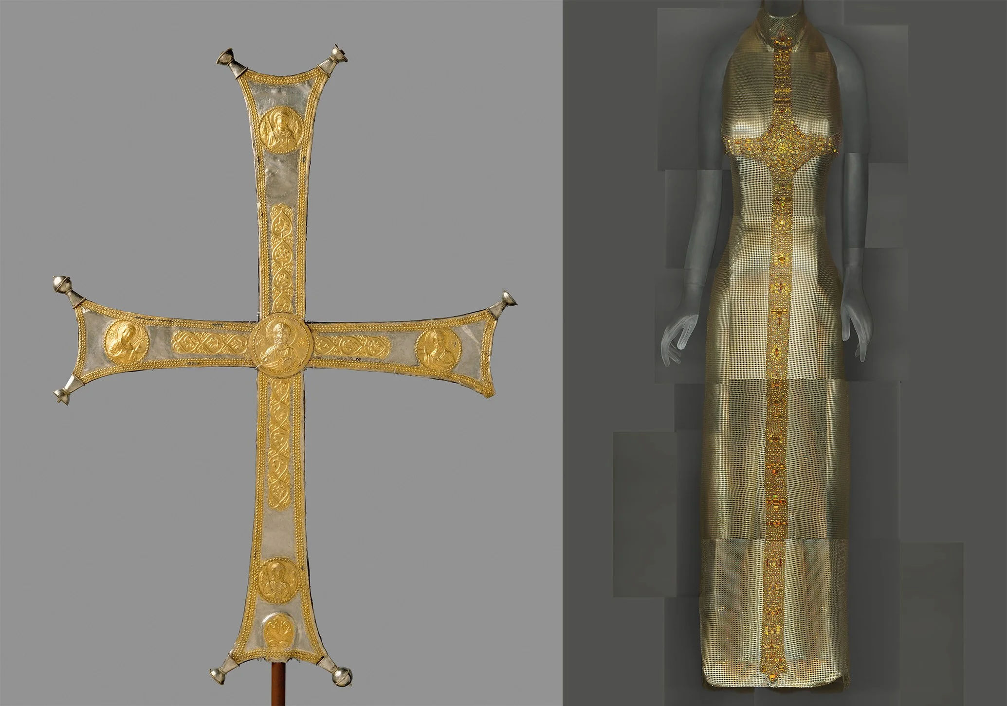 Left: Processional cross, ca. 1000–1050. Byzantine. // Right: Gianni Versace evening dress, autumn/winter 1997–98
