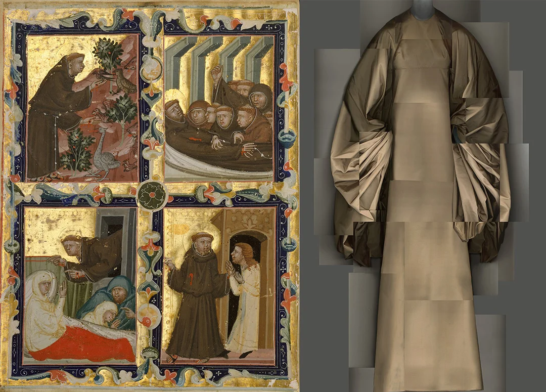 Left: Manuscript Leaf With Scenes From the Life of Saint Francis of Assisi; 1320. // Right: taffeta evening dress; Madame Grés; 1969.