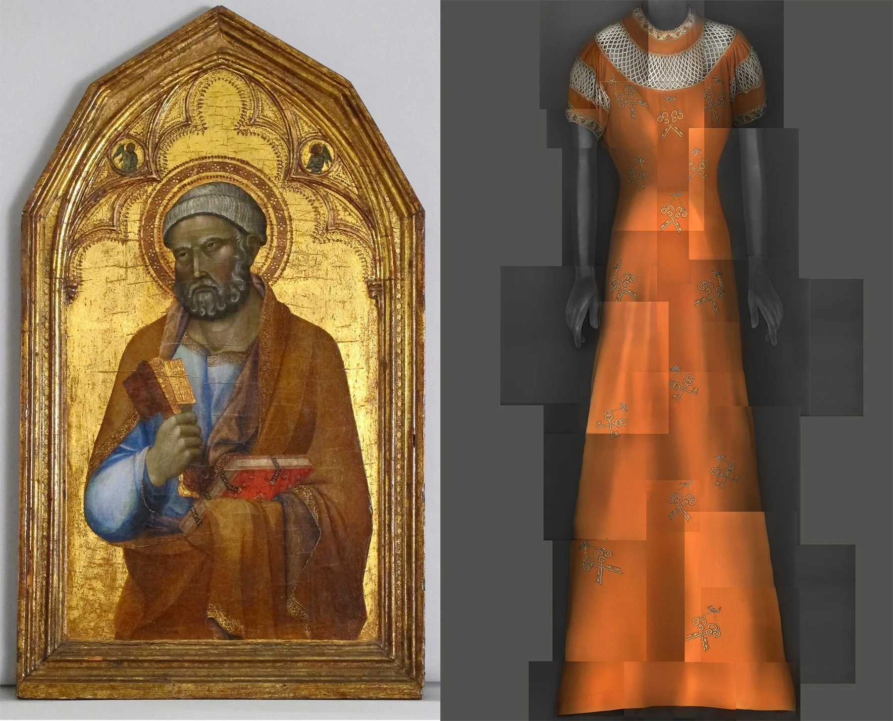 Left: mid-14th century tempera on wood, gold plated Follower of Lippo Memmi, Saint Peter. // Right: evening dress; Elsa Schiaparelli, 1939.