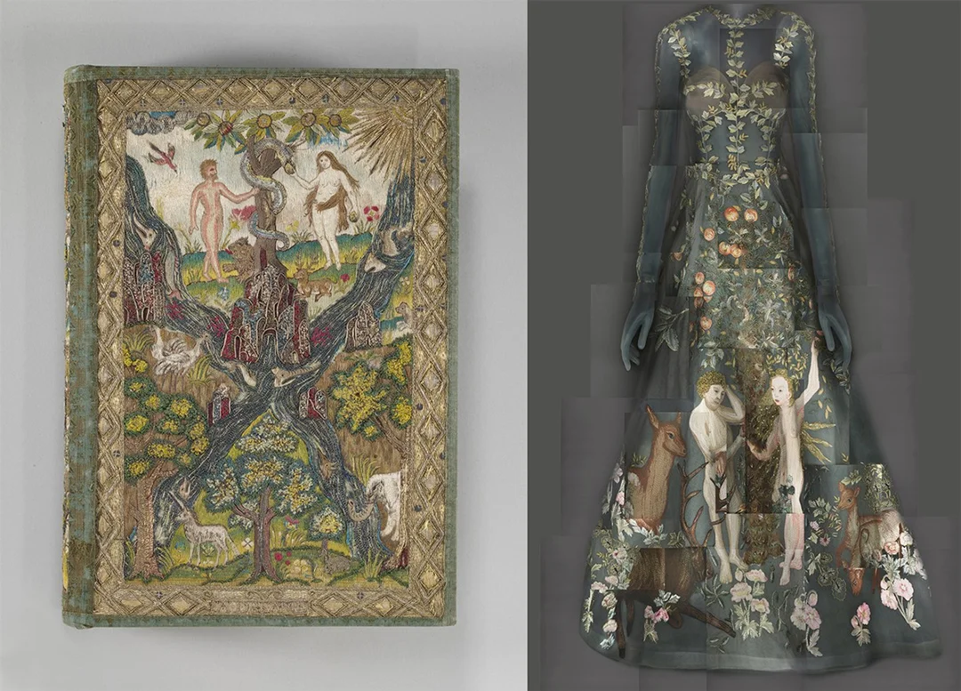 Left: Bible and Book of Common Prayer, British, c. 1607, silk and metal // Right: Maria Grazia Chiuri and Pierpaolo Piccioli for Valentino Spring 2014 haute couture evening dress. 
