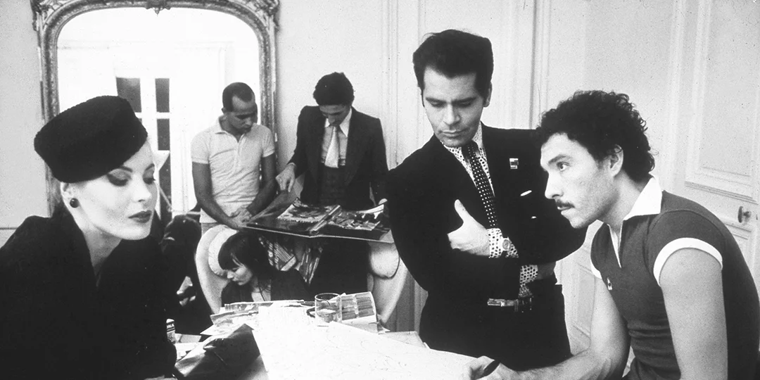 Lagerfeld with Jerry Hall and Antonio Lopez in a still from the fashion documentary Antonio Lopez 1970: Sex Fashion & Disco.