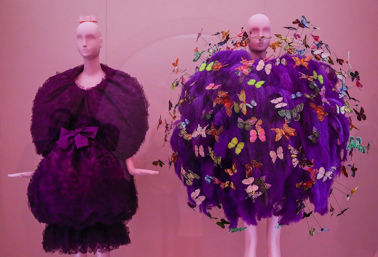 Left, Cristobal Balenciaga, Fall 1965 couture. Right, Jeremy Scott for Moschino, Spring 2018