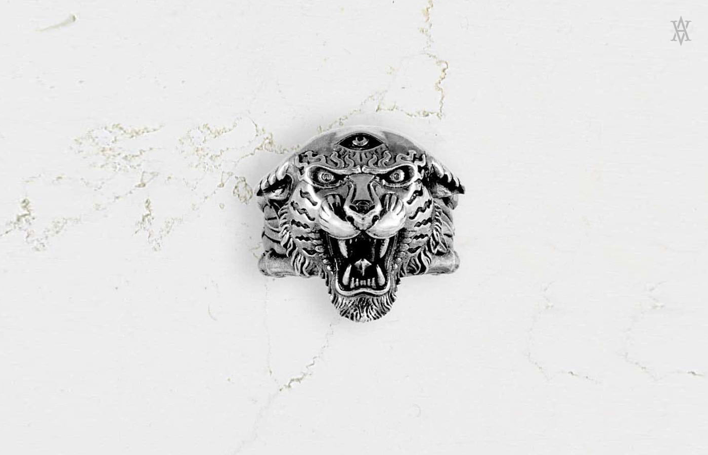 The "Tyger, Tyger" ring cast in sterling silver and handfinished with oxidisation details.