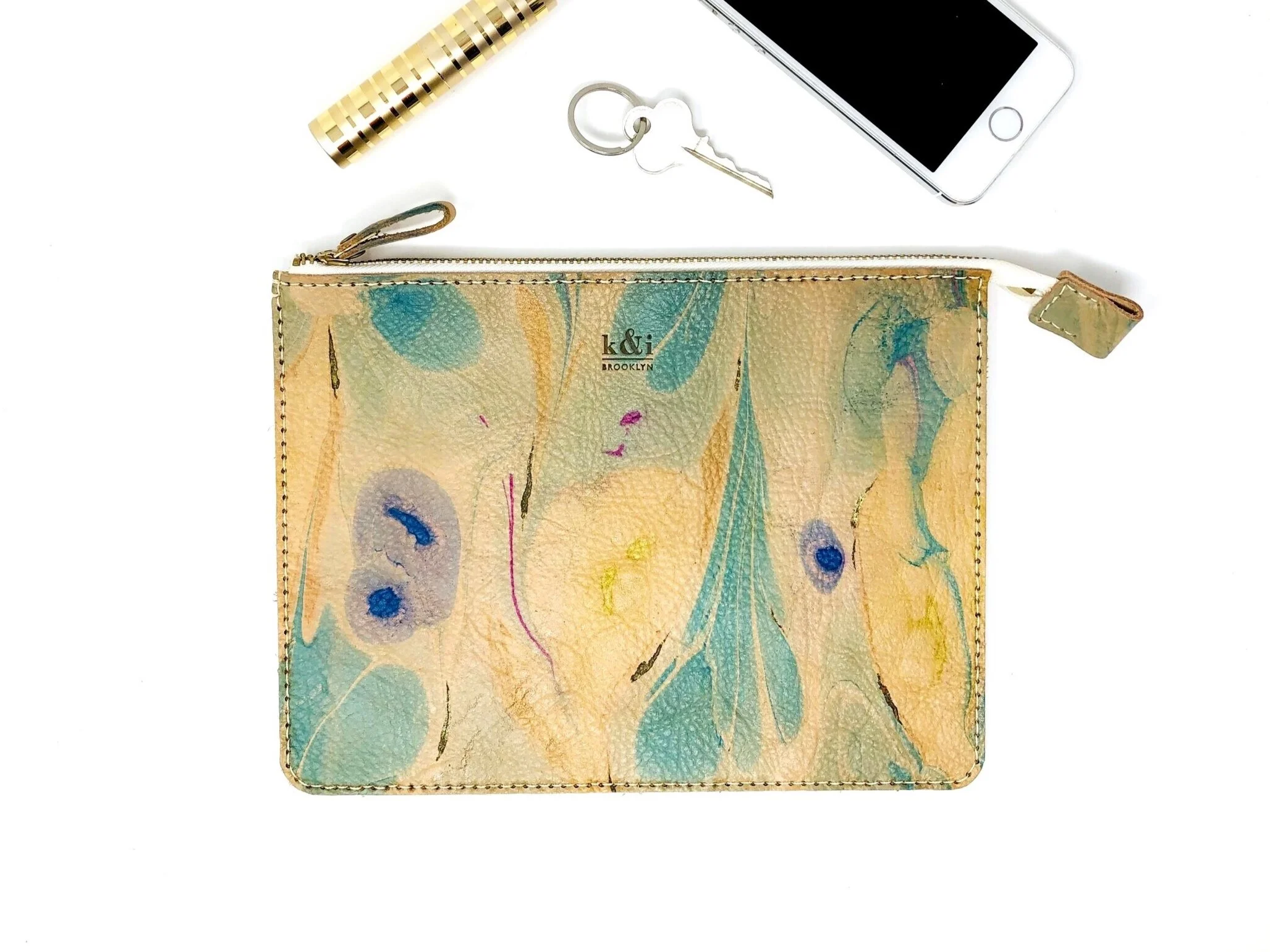 Marbled Leather Zip Clutch
