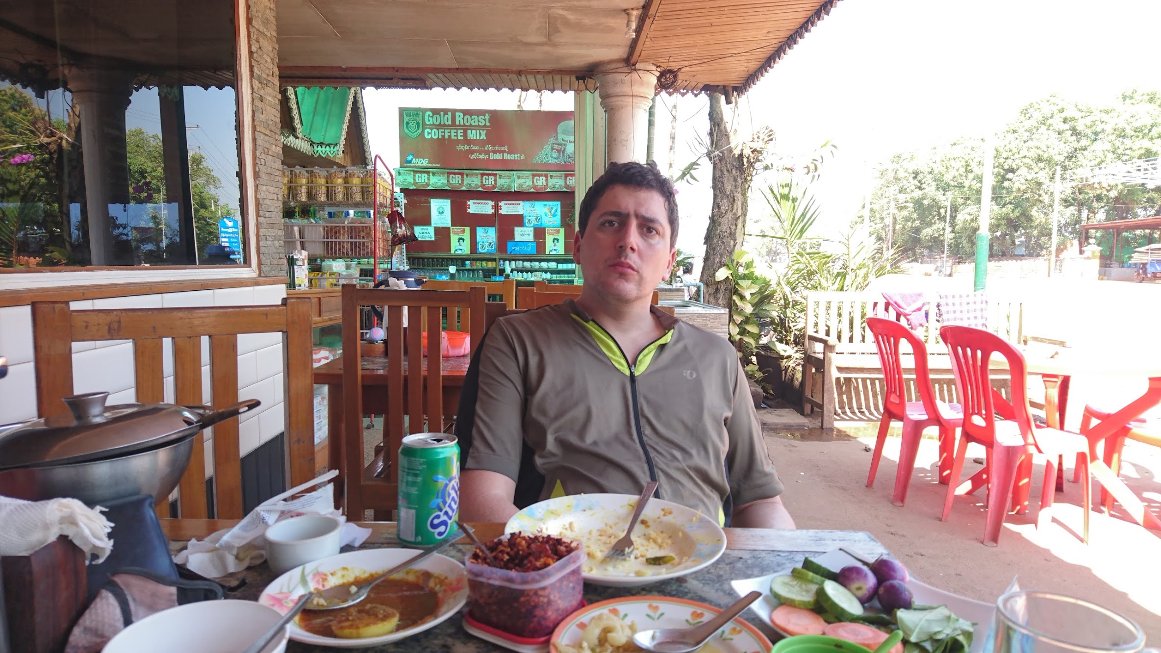 Neil's face doesn't adequately express the sheer joy we felt sitting at a table laden with food.