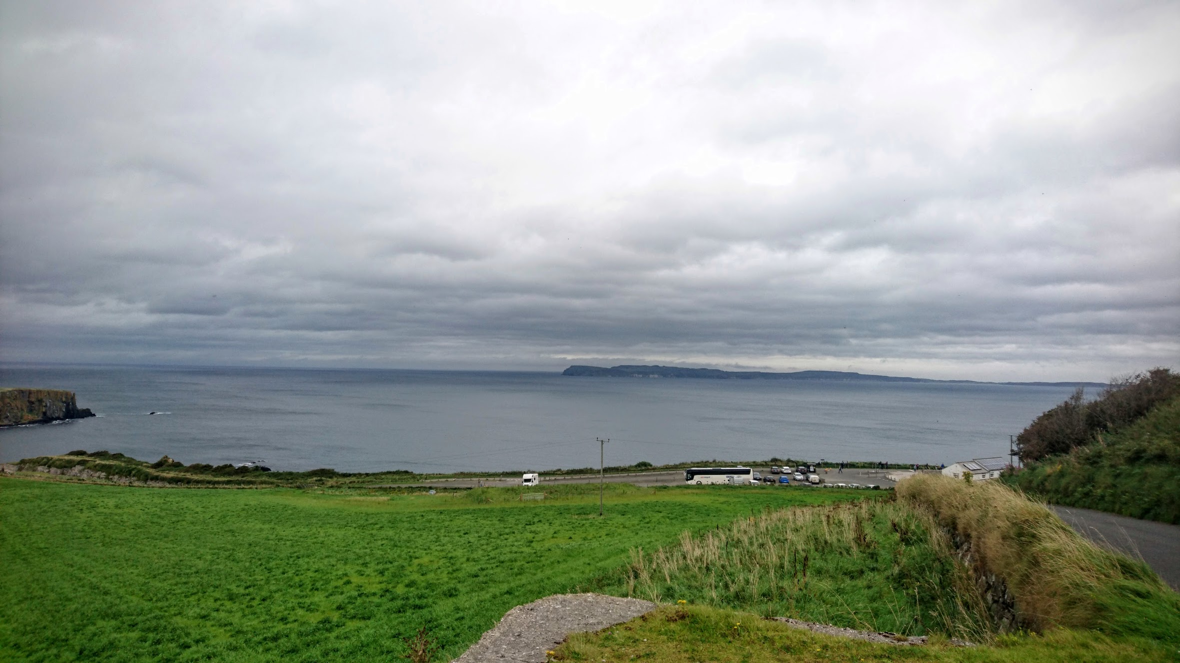 To the bottom right, you can see the entrance to Carrick-a-rede ("rock in the road") Island. Accessible via a rope bridge that hangs almost 25 metres above the sea, it sits square in the middle of migrating salmon and houses a commercial salmon fishery. This also got dropped from our itinerary – today was no day to be standing on a rickety bridge.