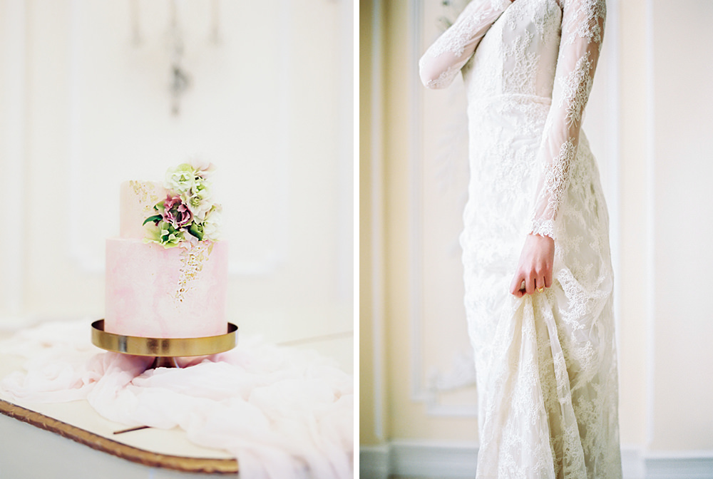 elegant wedding cake and dress detail