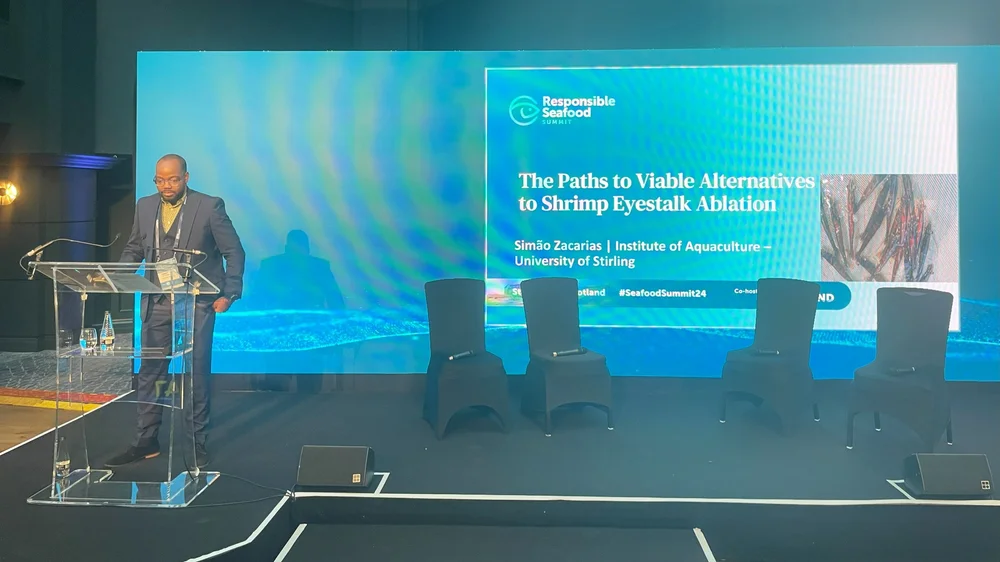 Simão giving his presentation on alternative pathways to shrimp eyestalk ablation