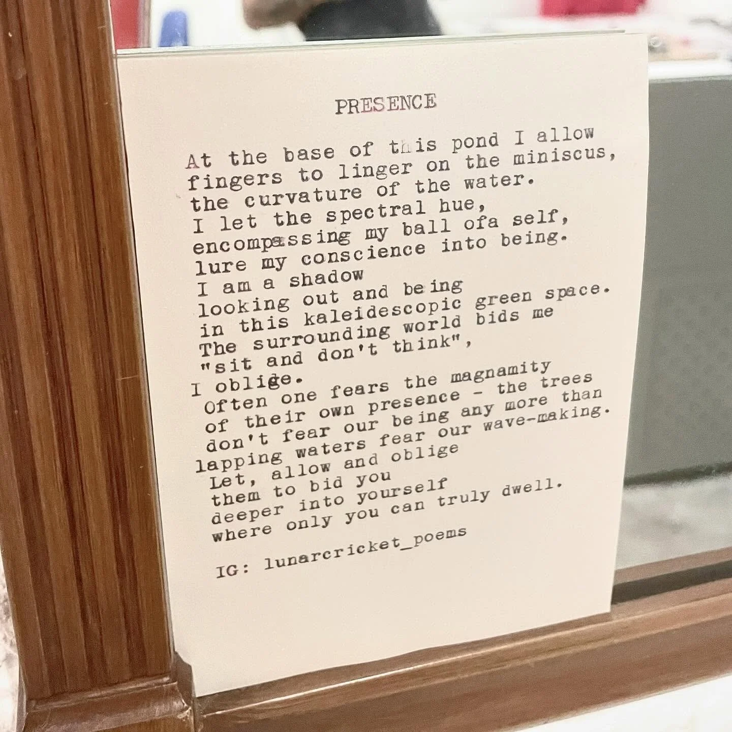 Savor and enjoy this exquisite work by @lunarcricket_poems. I challenge you to read it and read it again. Slow down. Read it again. Swim in the words. Allow yourself to bask in them. Receive the pleasure that is poetry. 
.
.
.
On the occasion of @das