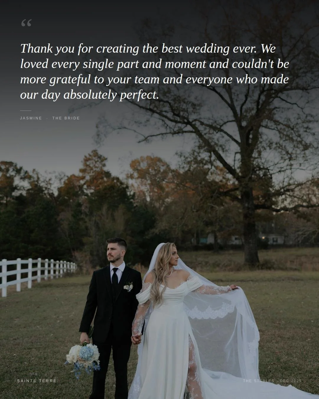 Jasmine left us this comment and we couldn't help but get a little teary. It means more than you know.

When our bride says every single part was perfect, that's not luck. That's Hillary, Kassy, Holly, Kelsey, Derek, Jeanne, Leanne, DJ Love, Jay, Bre