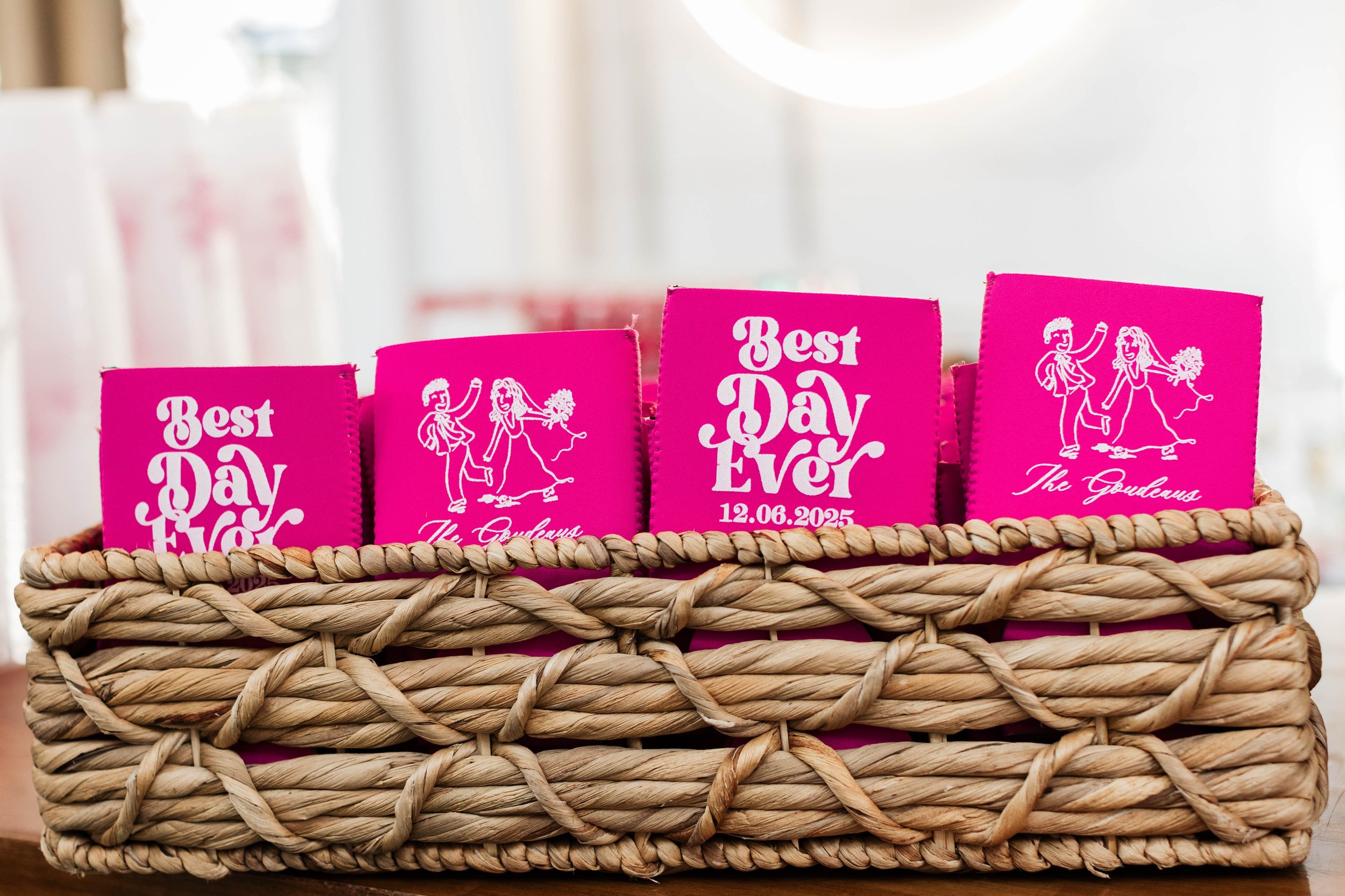 13-hot-pink-best-day-ever-wedding-koozies-in-a-woven-basket-at-the-stone.jpg