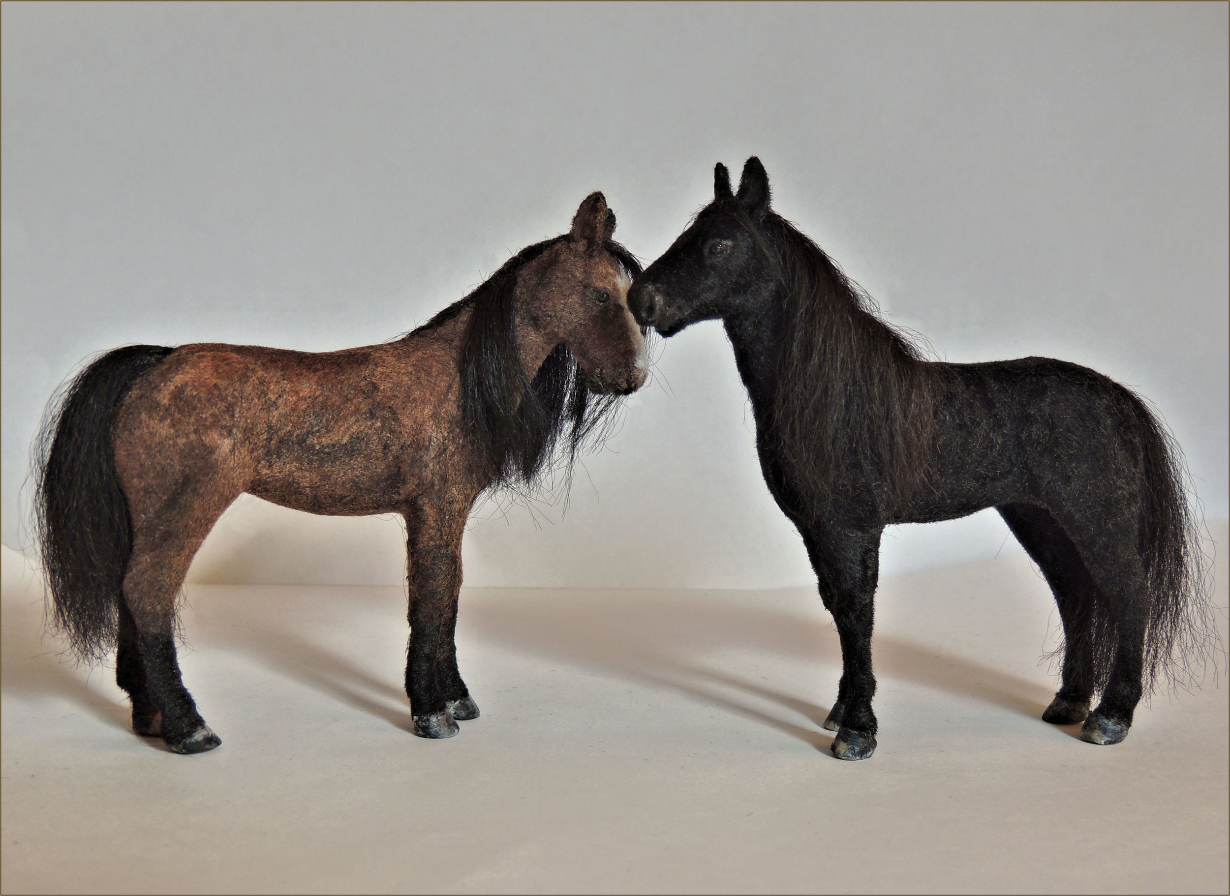   Scale: 1:15    Medium: Polymer clay &amp; Synthetic viscose, black suri alpaca.    These horses were made as part of an art collaboration with    Atriel miniatures.   