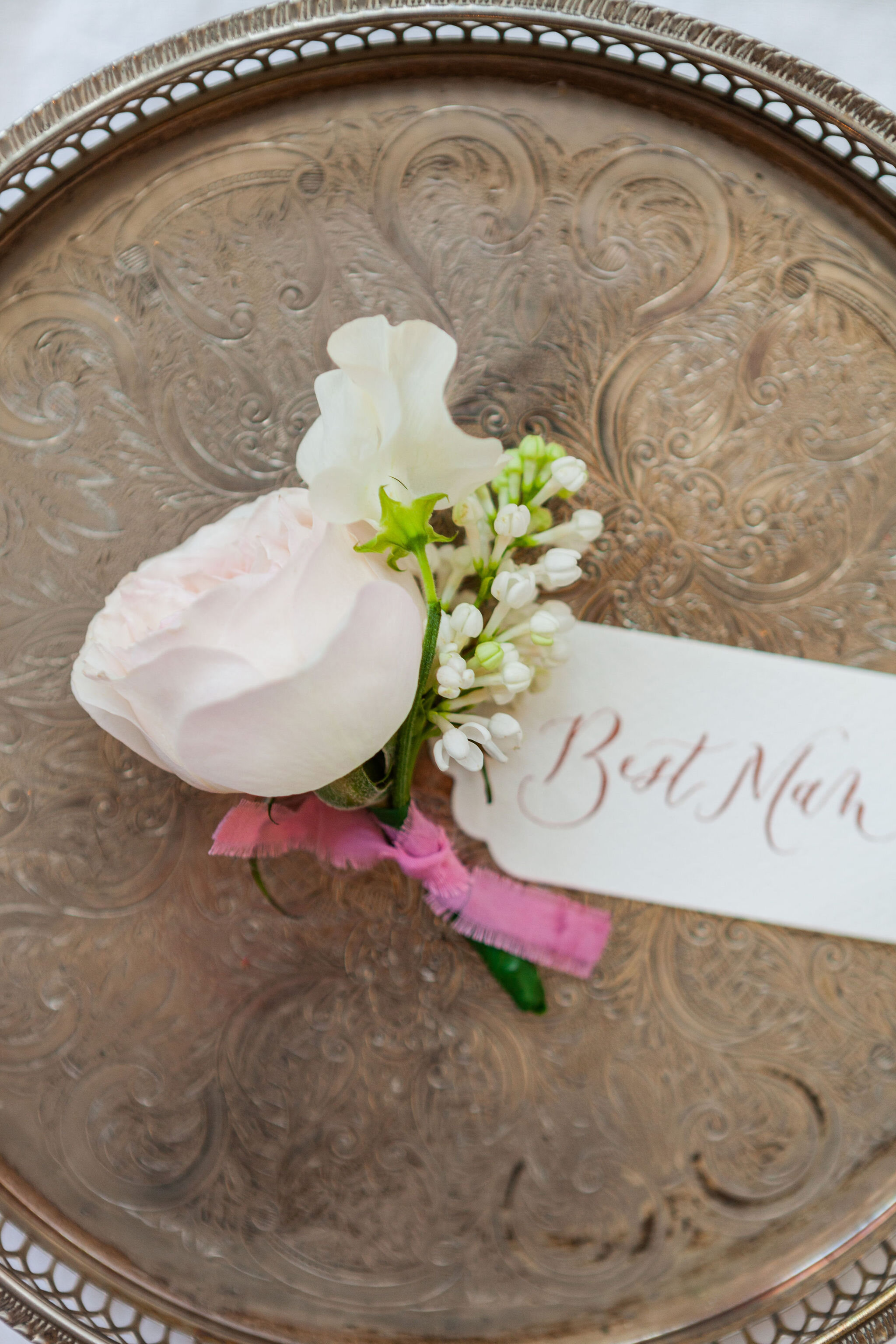 Spring Wedding Buttonholes: Keira Rose, Jasmine + Lilac