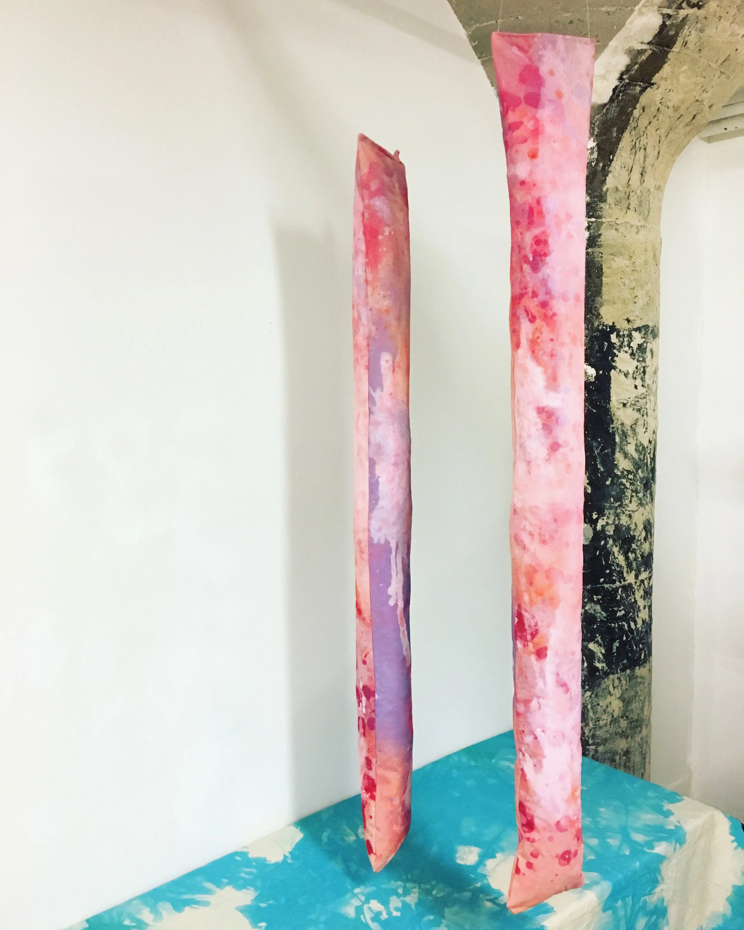Pillars, acrylic, dye, spray paint, polyfil, and canvas, 6” x 72”, 2019
