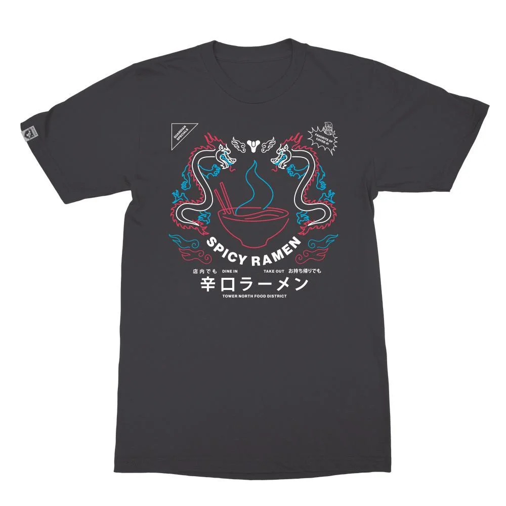 Destiny 2: Spicy Ramen Shop T-Shirt You'll be dishing out style in this shirt based on your favorite spot in the Tower. Get it while it lasts! You never know when it might go up in flames. Concept and creation joint collaboration with Elliott Gray in Adobe Illustrator.