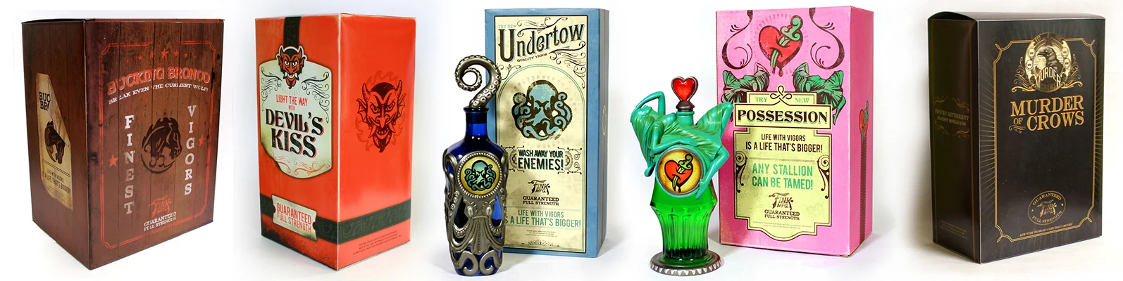 BioShock Infinite: Vigor Bottles and Packaging Packaging design and execution for all bottles shown, based on in-game assets and imagery. Bottle design and execution, created in Adobe Photoshop.