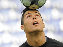 Cristiano Ronaldo heads the ball during the World Football Challenge game –  Stock Editorial Photo © photoworksmedia #18766571