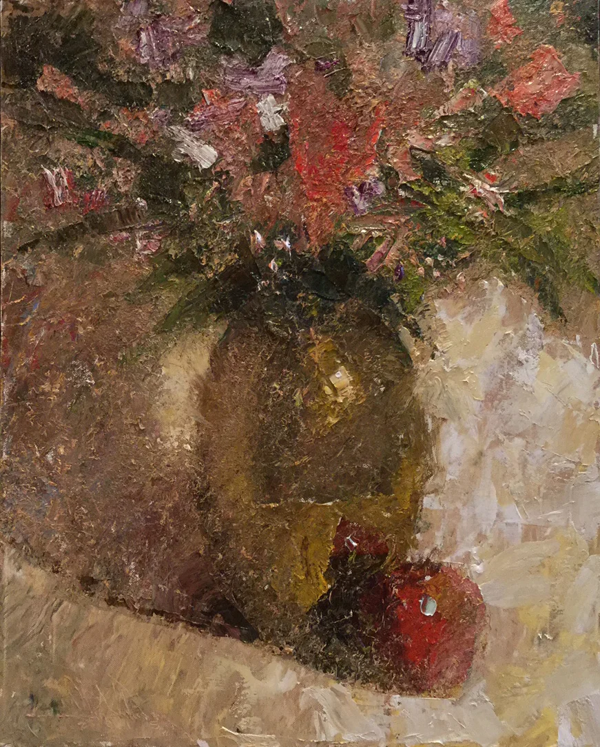 C. W. Mundy, OPAM Brass Vase with Flowers & Apples 20 x 16 inches, $8,500
