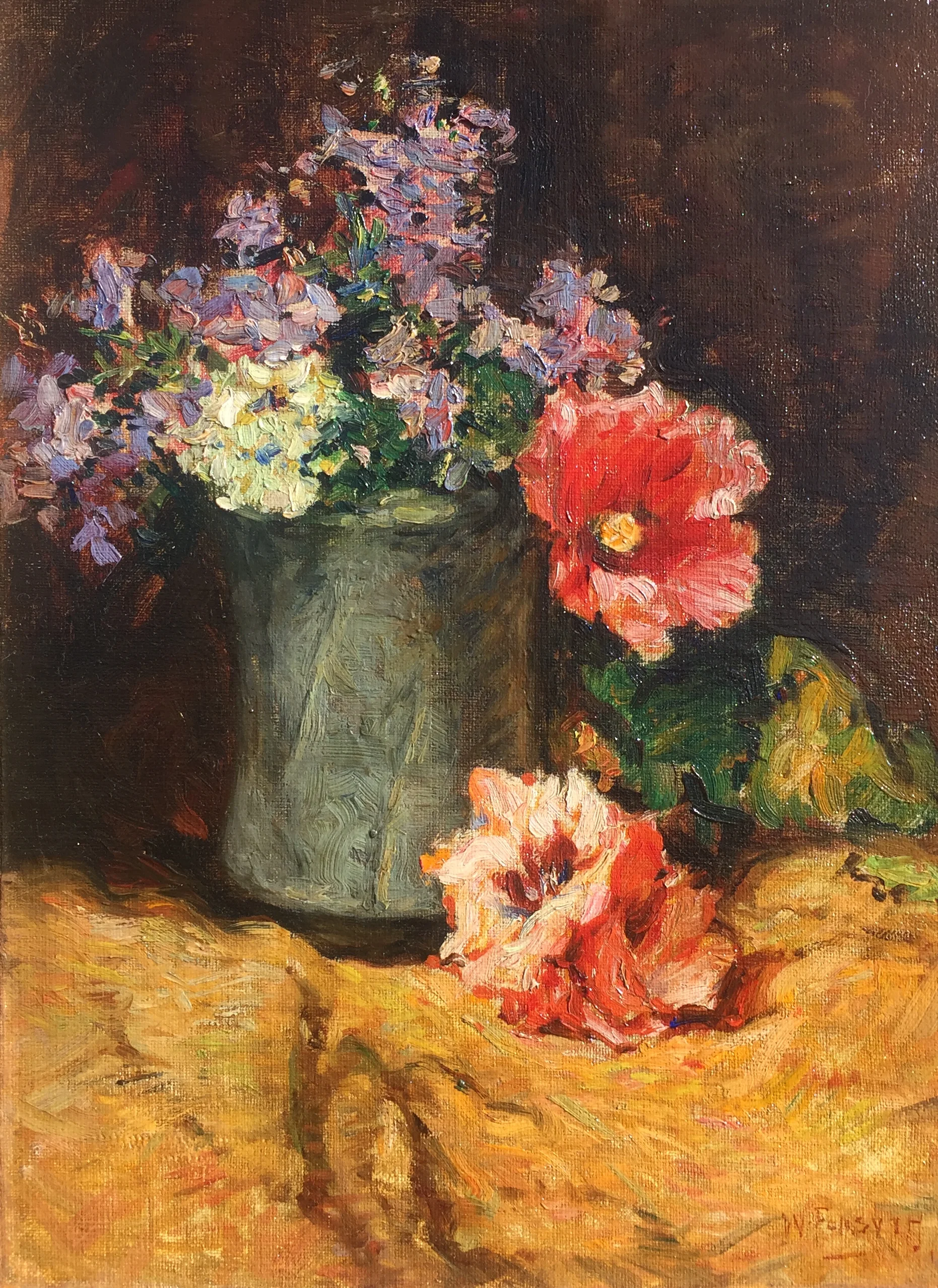 William Forsyth (American 1854-1935) Red Hollyhocks, 1911 Oil on canvas on board, 16 1/2 x 12 1/2 inches Signed and dated lower right SOLD