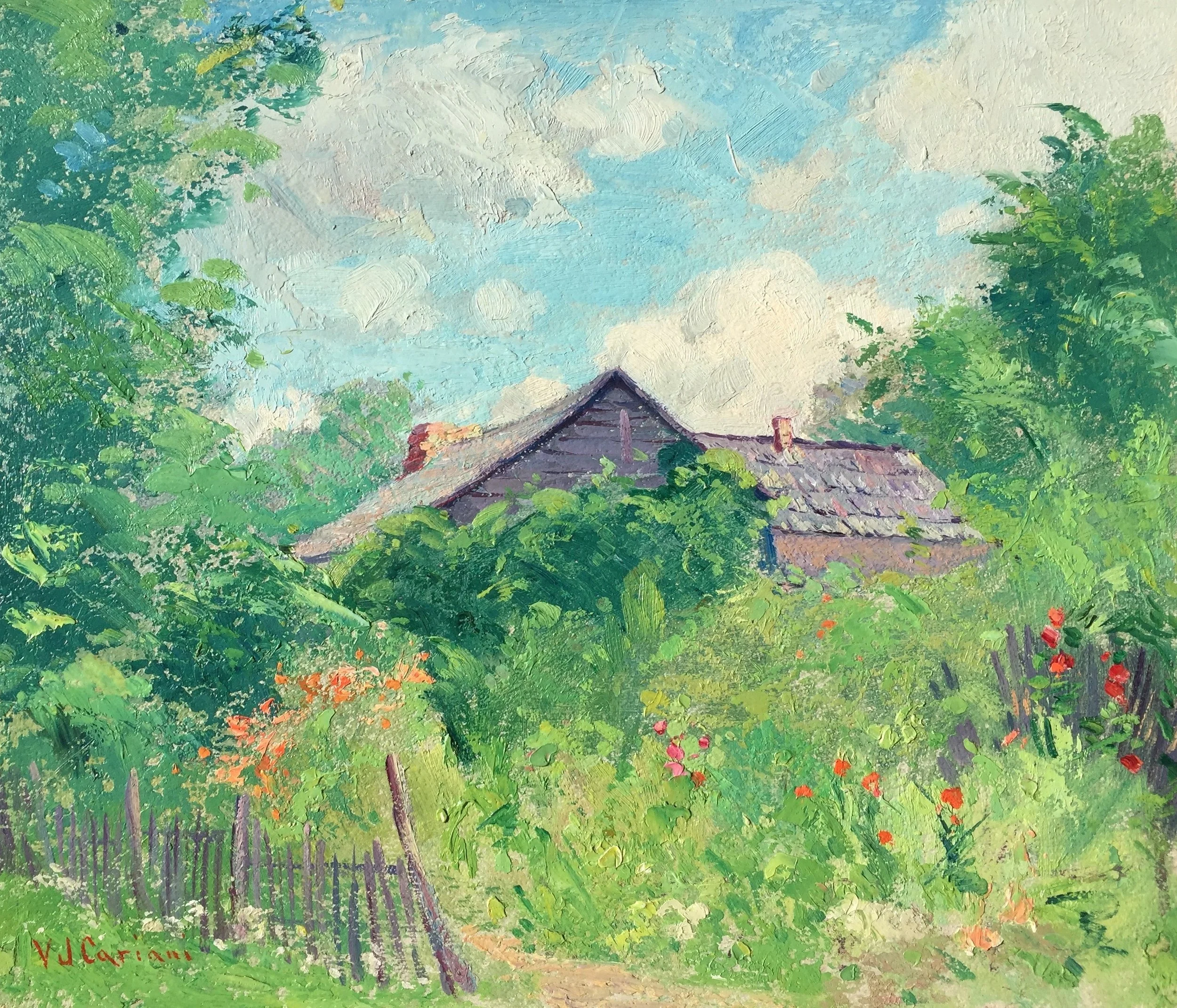 V. J. Cariani (American 1891-1969) The Hidden Cabin Oil on board, 12 x 14 inches Signed lower left SOLD