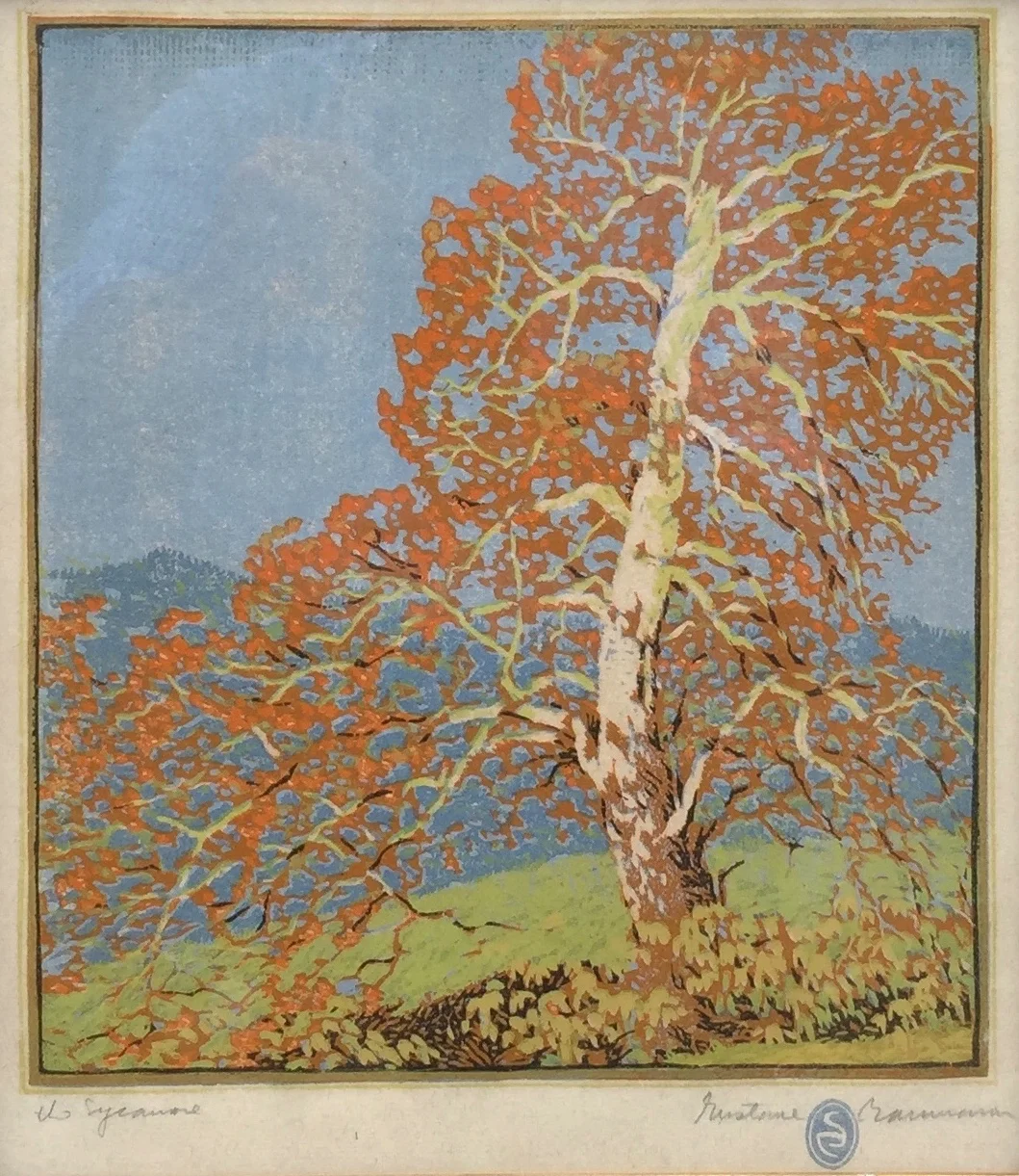  Gustave Baumann   (American 1881-1971)   The Sycamore,  1916  Color woodblock print, 11 x 9 1/2 inches  Signed lower right   SOLD  