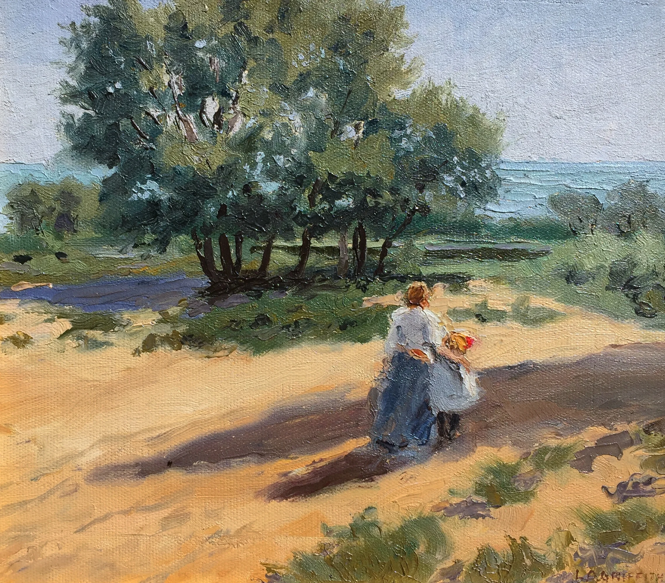   L. O. Griffith   (American 1875-1956)   Mother and Child on the Beach   Oil on canvas on board, 11 3/4 x 13 inches  Signed lower right   SOLD  