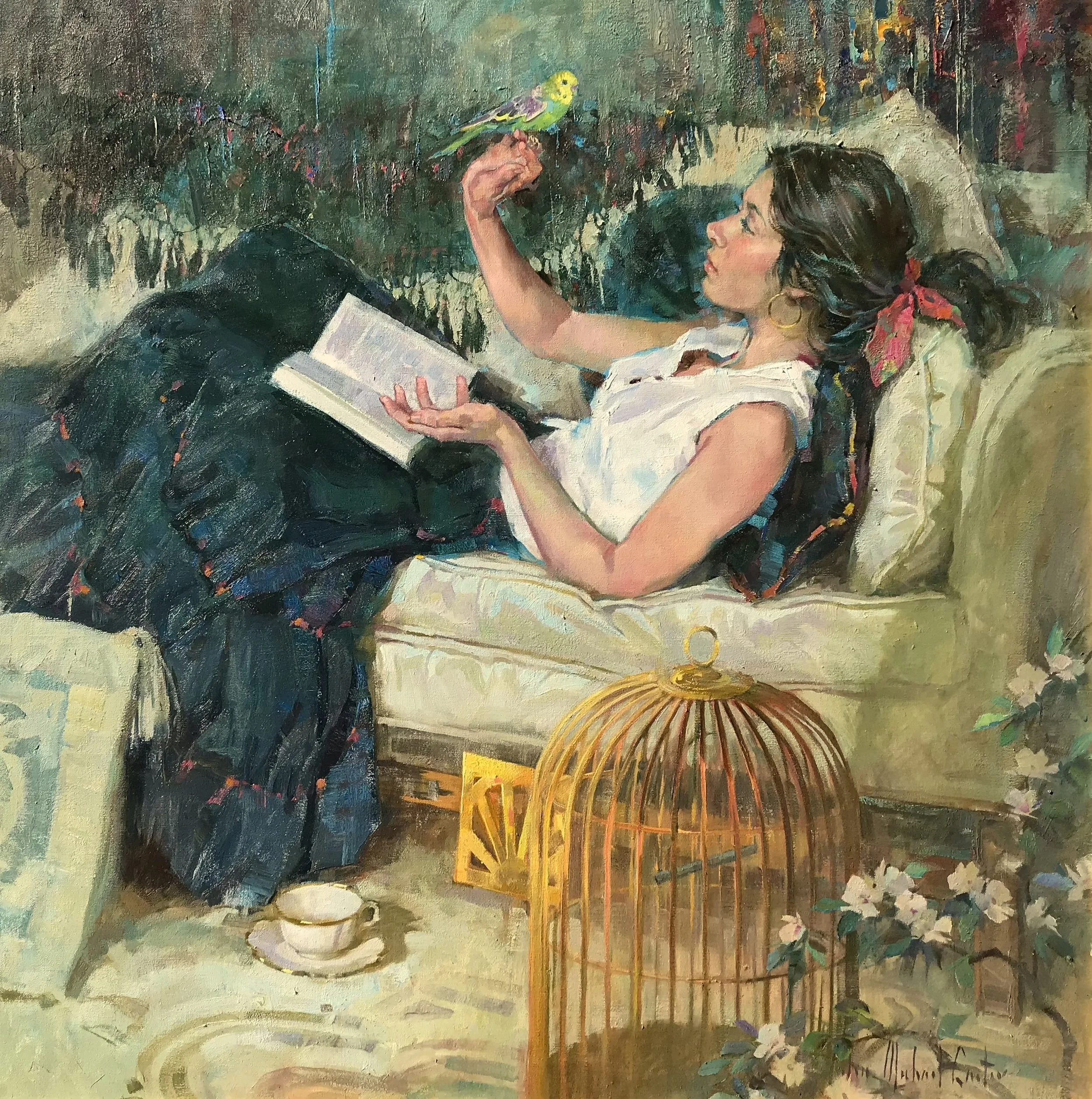 John Michael Carter (American, b. 1950) Parakeet Oil on linen, 30 x 30 inches Signed lower right