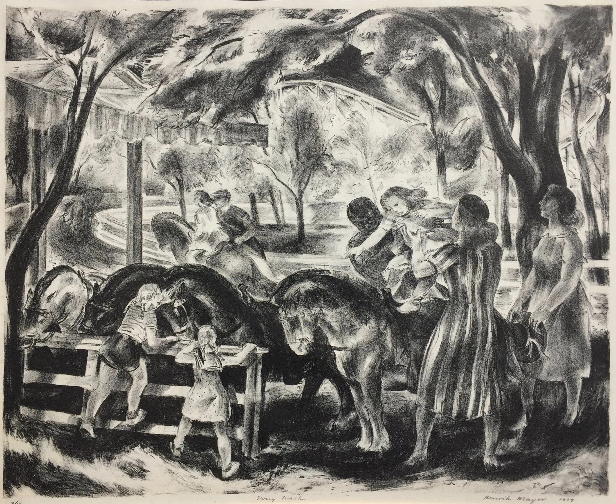  Henrik Mayer   (American 1908-1972)   Pony Track,  1939  Lithograph, 12 x 14 3/4 inches  Signed and dated at bottom, ed. 2/10   SOLD  