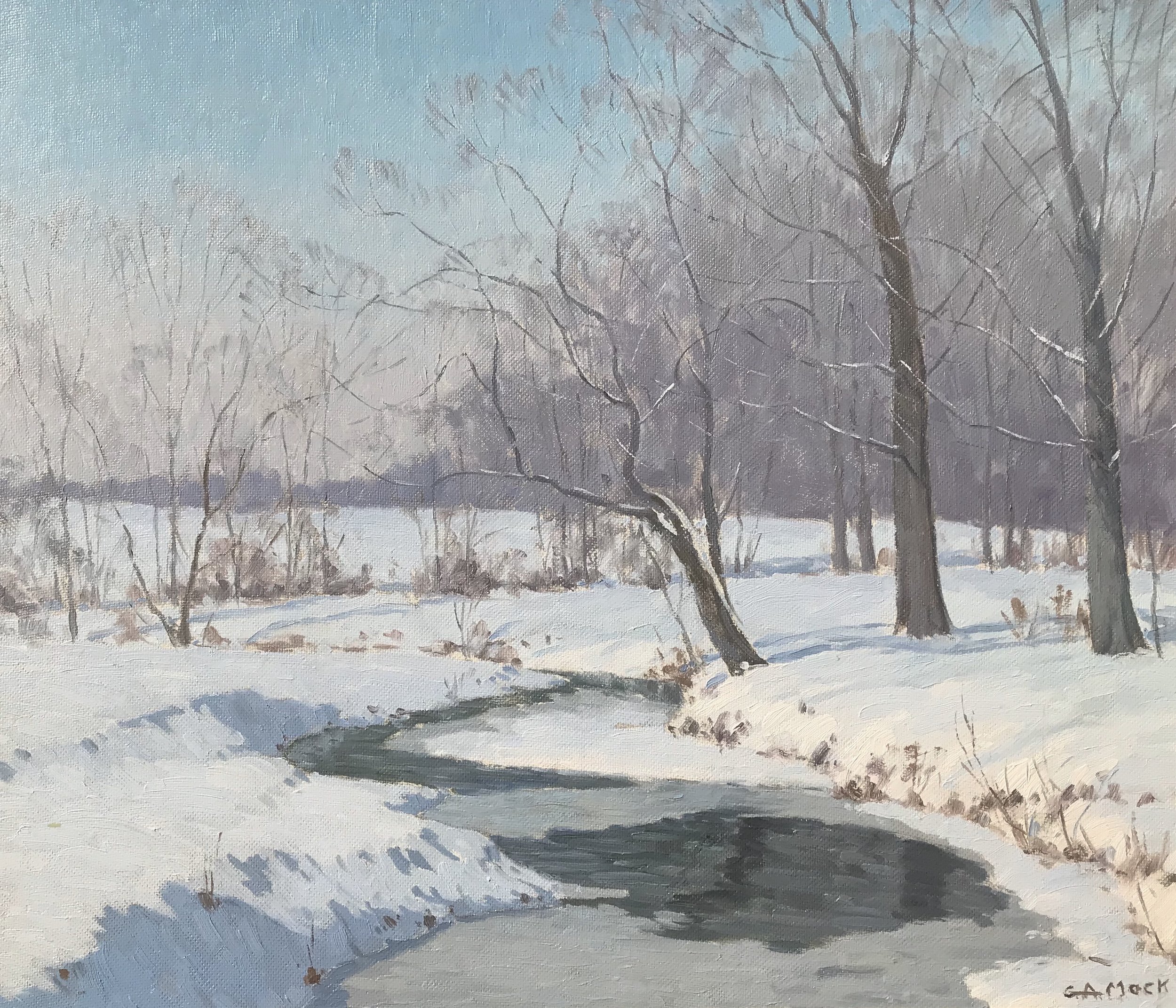   George Mock   (American 1886-1957)   Creek in Winter,  ca. 1947  Oil on Masonite, 24 x 28 inches  Signed lower right  Exhibited: 1948 Hoosier Salon   SOLD  