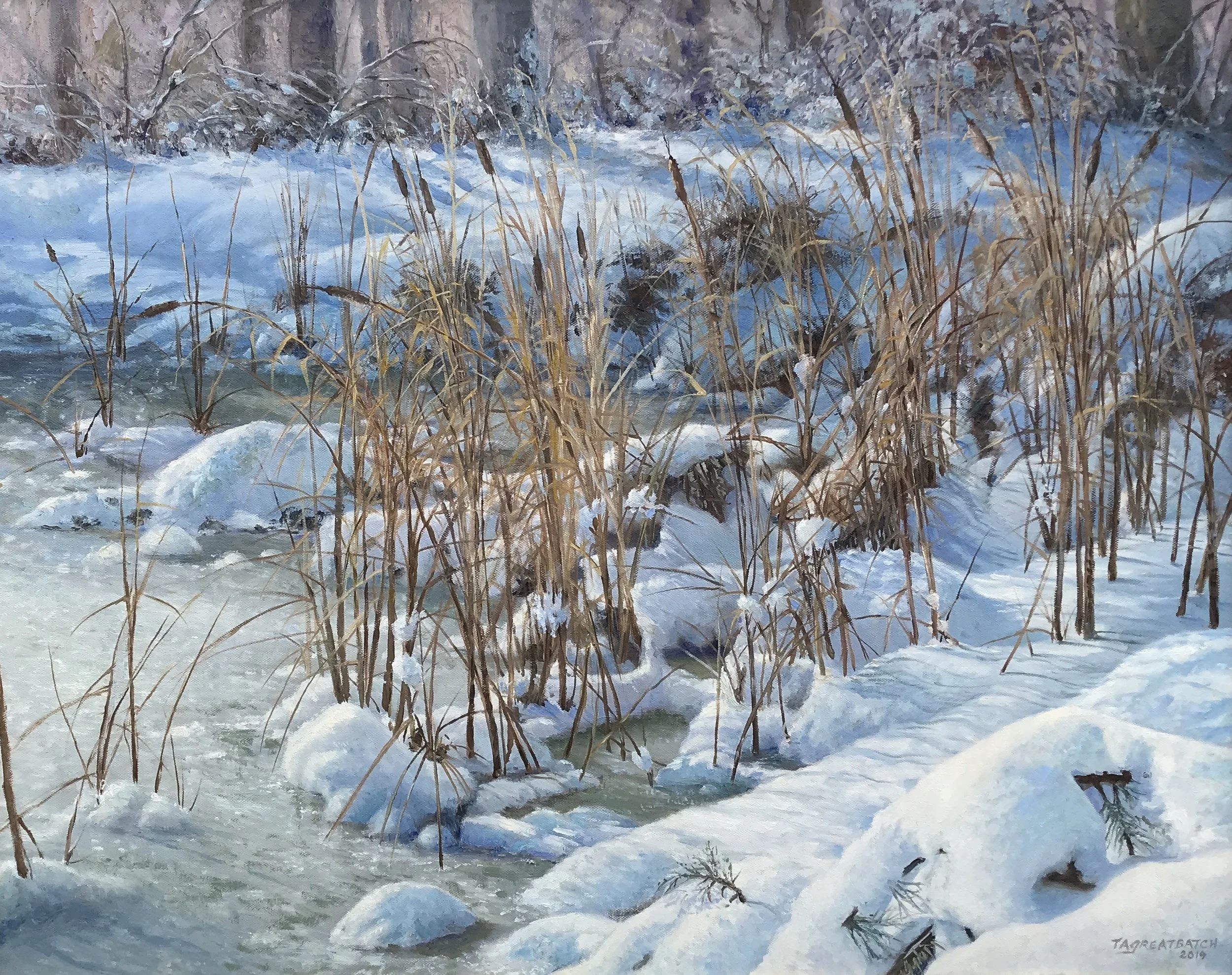   Tim Greatbatch   (American, b. 1953)   Cattails on Ice,  2019  Oil on canvas, 24 x 30 inches  Signed and dated lower right   SOLD  
