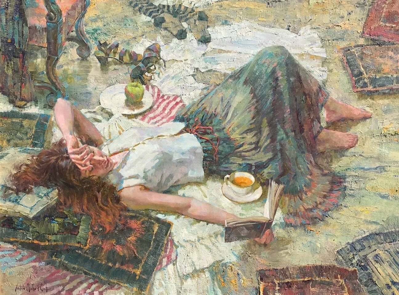   John Michael Carter   (American, b. 1950)   Reading   Oil on linen, 30 x 40 inches  $15,000 