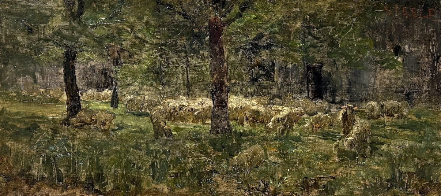 T. C. Steele (American 1847-1926) Sheep, ca. 1884 Oil on canvas, 14 × 30 inches Signed upper right