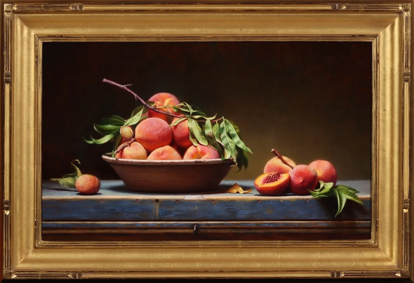   Chris Thomas   (American, b. 1970)   Peaches,  2025  Oil on board, 15 3/8 × 25 1/4 inches  Signed lower right  $7,500 