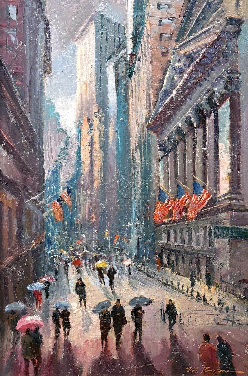   Michele Byrne   (American, b. 1959)   Broad Street Rain , 2025  Oil on linen, 18 × 12 inches  Signed lower right  $2,600 