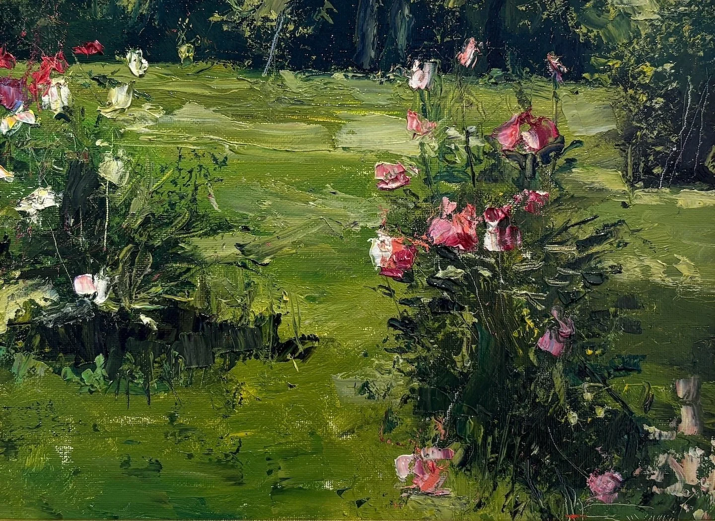   C. W. Mundy   (American, b. 1945)   Selma’s Peonies Along the Drive,  2025  Oil on linen, 9 × 12 inches  Signed lower right  $4,500 