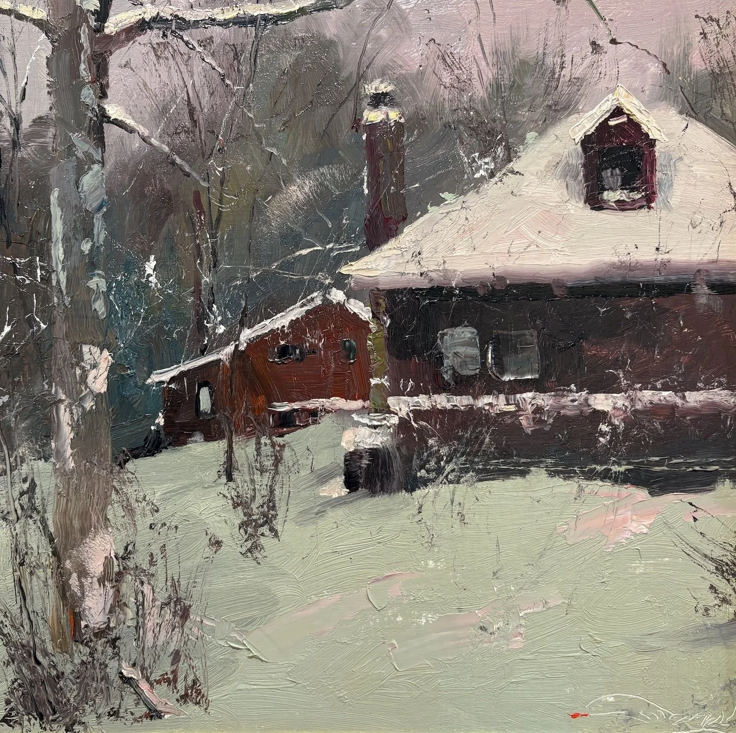   C. W. Mundy   (American, b. 1945)   Thirteen Inch Snow, Approaching the Studio,  2025  Oil on linen, 18 × 18 inches  Signed lower right  $7,000 
