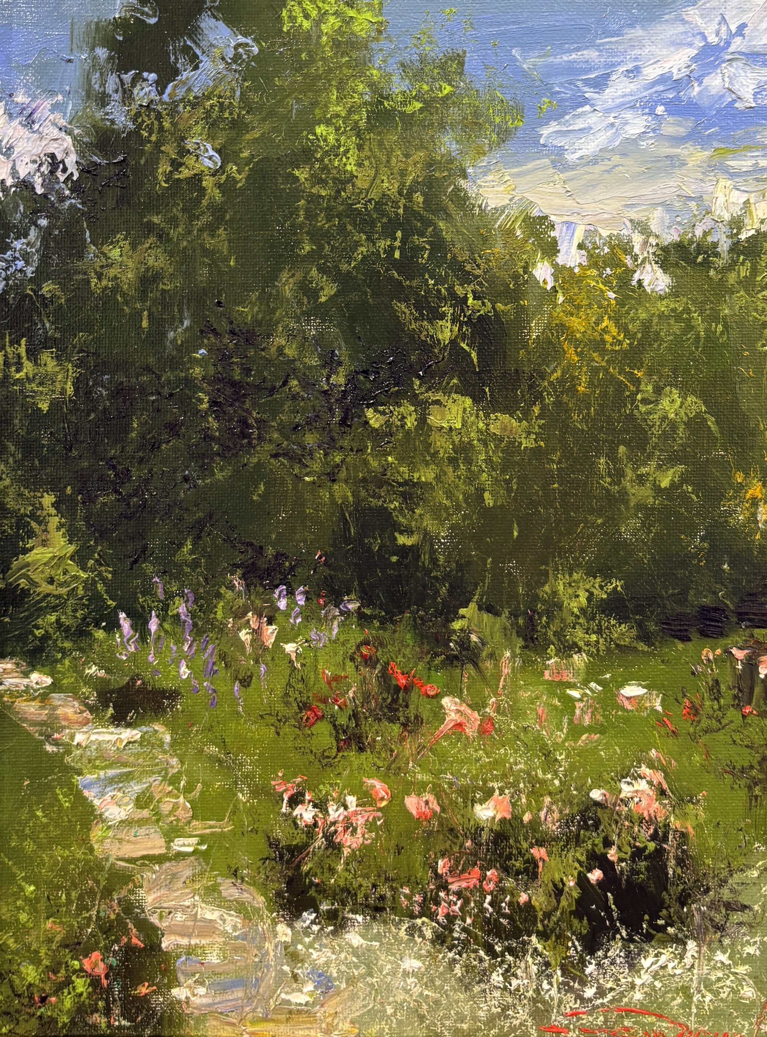   C. W. Mundy   (American, b. 1945)   Selma’s Formal Spring Garden,  2025  Oil on linen, 12 × 9 inches  Signed lower right  $4,500 