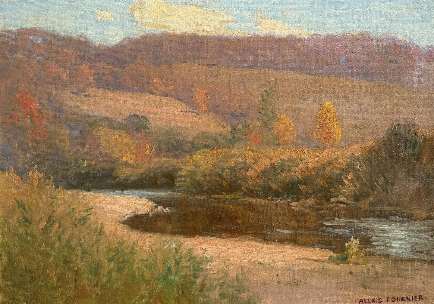   Alexis Jean Fournier   (American 1865-1948)   October Reflections   Oil on canvas on board, 10 × 14 inches  Signed lower right 