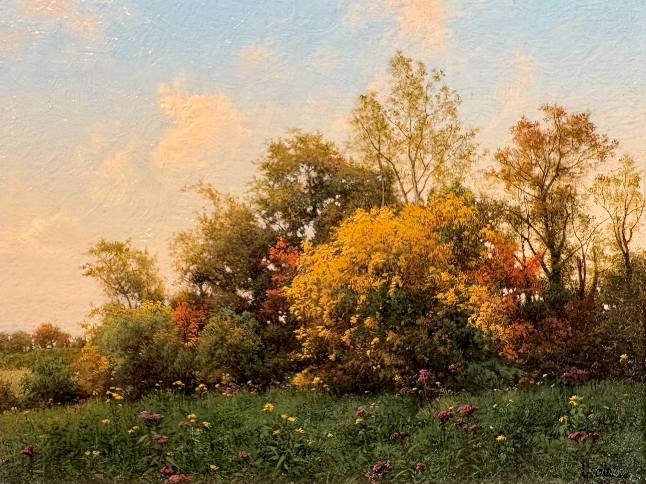   Frederik Grue   (American 1951-1995)   Autumn Ironweed,  1989  Oil on board, 4 1/4 × 5 3/8 inches  Signed and dated lower right  Extensive exhibition and publication history 