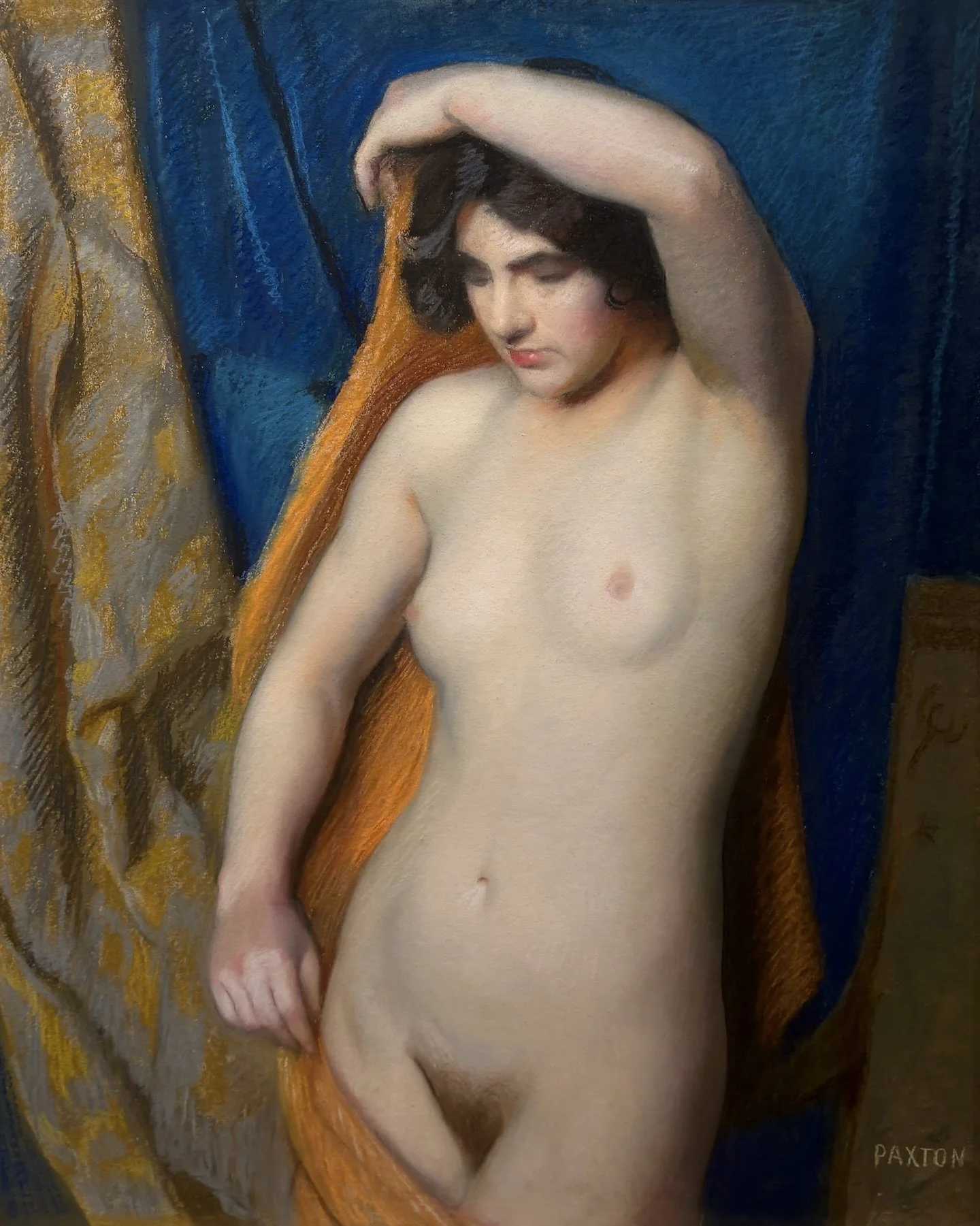   William McGregor Paxton   (American 1869-1941)   The Golden Veil   Pastel, 27 × 22 inches  Signed lower right 